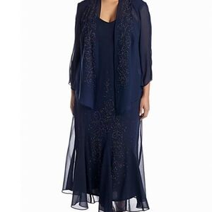 R & M Richards Navy Beaded Maxi Dress with Jacket